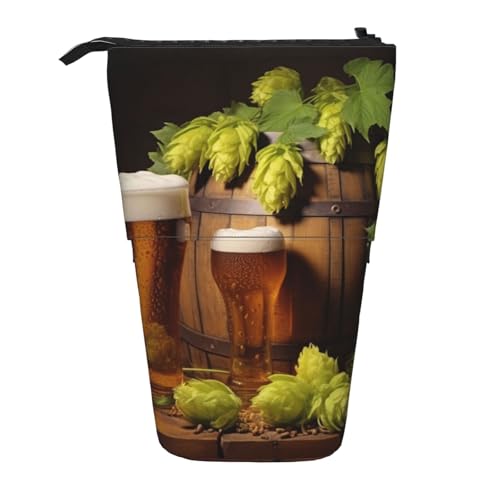 LHBWCVN Kosmetiktasche mit Bier- und Hopfenzapfen, Stehendes Federmäppchen, Teleskop-Bleistifttasche, tragbarer Stifthalter, niedlicher Stand-up-Bleistiftbeutel für Damen und Herren, Reise-Münztasche von LHBWCVN