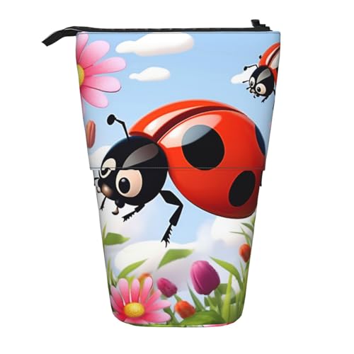 LHBWCVN Kosmetiktasche mit Cartoon-Marienkäfer-Blume, Stehendes Federmäppchen, Teleskop-Federtasche, tragbarer Stifthalter, niedliches Stand-up-Bleistiftetui für Damen und Herren, Reise-Münztasche von LHBWCVN