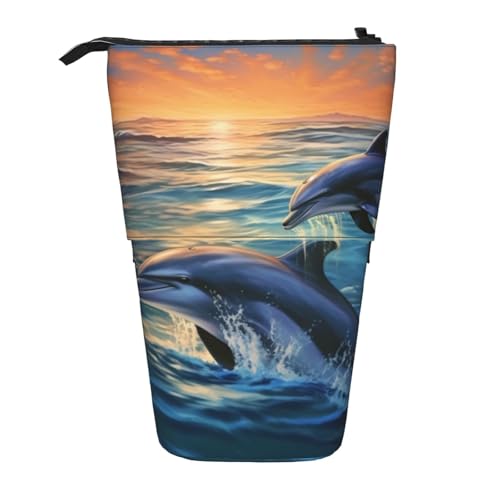 LHBWCVN Kosmetiktasche mit Delfinen im Meer, Stehendes Federmäppchen, Teleskop-Bleistifttasche, tragbarer Stifthalter, niedlicher Stand-up-Bleistiftbeutel für Damen und Herren, Reise-Münztasche von LHBWCVN