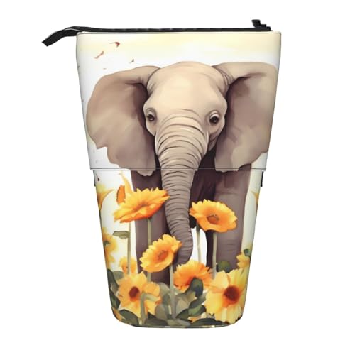 LHBWCVN Kosmetiktasche mit Elefant und Sonnenblume, Stehendes Federmäppchen, Teleskop-Bleistifttasche, tragbarer Stifthalter, niedliches Stand-up-Bleistiftetui für Damen und Herren, Reise-Münztasche von LHBWCVN