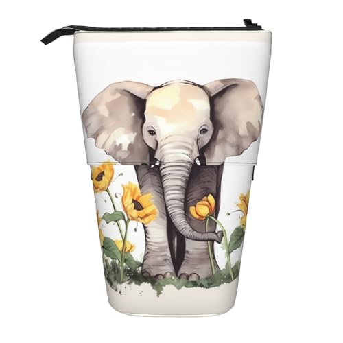 LHBWCVN Kosmetiktasche mit Elefanten- und Sonnenblumen-Motiv, stehend, Teleskop-Federtasche, tragbarer Stifthalter, niedlicher Stand-up-Bleistiftbeutel für Damen und Herren, Reise-Münztasche von LHBWCVN