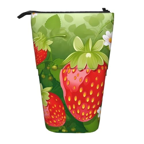 LHBWCVN Kosmetiktasche mit Erdbeere und Blume, Stehendes Federmäppchen, Teleskop-Bleistifttasche, tragbarer Stifthalter, niedliches Stand-up-Bleistiftetui für Damen und Herren, Reise-Münztasche von LHBWCVN