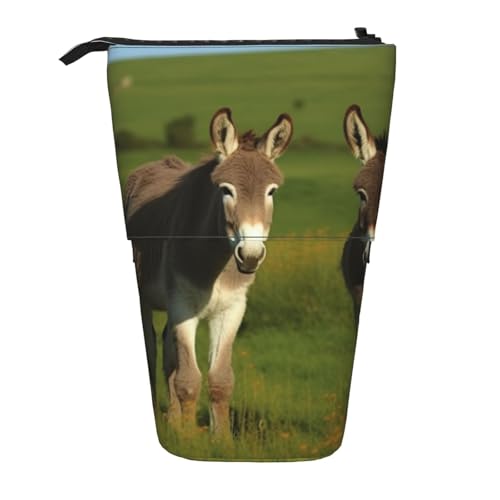 LHBWCVN Kosmetiktasche mit Esel auf grüner Wiese, stehendes Federmäppchen, Teleskop-Bleistifttasche, tragbarer Stifthalter, niedliches Stand-up-Bleistiftetui für Damen und Herren, Reise-Münztasche von LHBWCVN