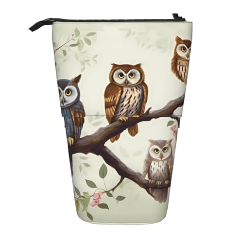 LHBWCVN Kosmetiktasche mit Eulen auf einem Ast, Stehendes Federmäppchen, Teleskop-Federtasche, tragbarer Stifthalter, niedliches Steh-Bleistiftetui für Damen und Herren, Reise-Münztasche, Geldbörse von LHBWCVN