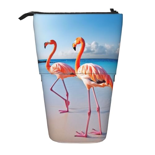 LHBWCVN Kosmetiktasche mit Flamingo am Strand, Stehendes Federmäppchen, Teleskop-Bleistifttasche, tragbarer Stifthalter, niedliches Stand-up-Bleistiftetui für Damen und Herren, Reise-Münztasche von LHBWCVN