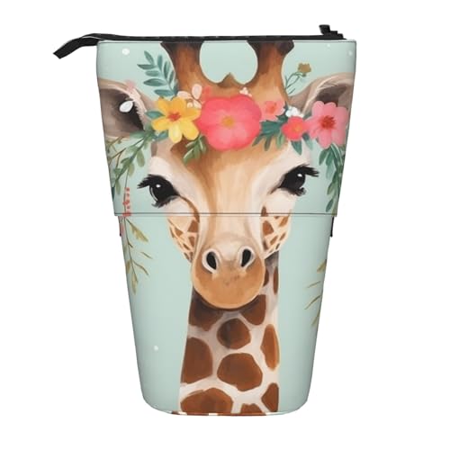 LHBWCVN Kosmetiktasche mit Giraffe mit Blumenmuster, Stehendes Federmäppchen, Teleskop-Bleistifttasche, tragbarer Stifthalter, niedliches Stand-up-Bleistiftetui für Damen und Herren, Reise-Münztasche von LHBWCVN