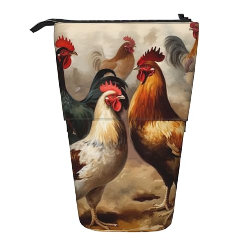 LHBWCVN Kosmetiktasche mit Huhn- und Hahn-Aufdruck, Stehendes Federmäppchen, Teleskop-Bleistifttasche, tragbarer Stifthalter, niedliches Stand-up-Bleistiftetui für Damen und Herren, Reise-Münztasche von LHBWCVN