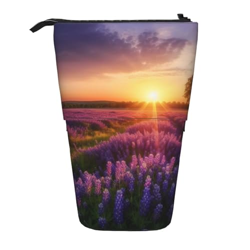 LHBWCVN Kosmetiktasche mit Lavendelwiese bei Sonnenuntergang im Frühling, Stehendes Federmäppchen, Teleskop-Federtasche, tragbarer Stifthalter, niedliches Stand-up-Bleistiftetui für Damen und Herren von LHBWCVN