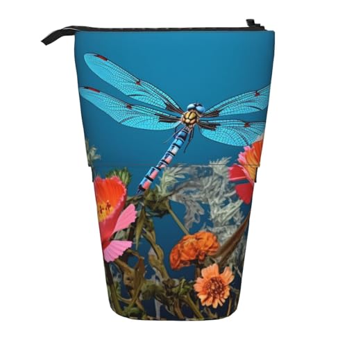 LHBWCVN Kosmetiktasche mit Libelle und Blume, Stehendes Federmäppchen, Teleskop-Federtasche, tragbarer Stifthalter, niedliches Steh-Bleistiftetui für Damen und Herren, Reise-Münztasche, Geldbörse von LHBWCVN