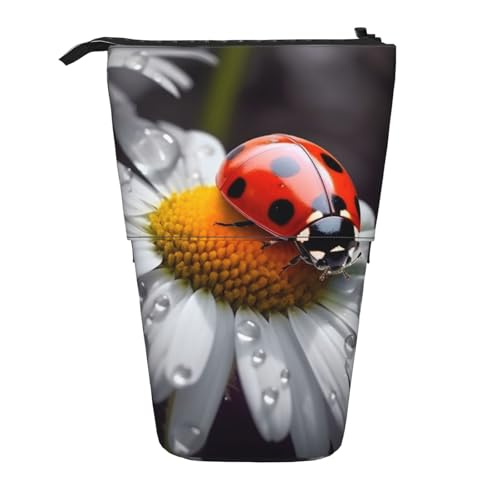 LHBWCVN Kosmetiktasche mit Marienkäfer auf Gänseblümchen, Stehendes Federmäppchen, Teleskop-Bleistifttasche, tragbarer Stifthalter, niedlicher Stand-up-Bleistiftbeutel für Damen und Herren von LHBWCVN