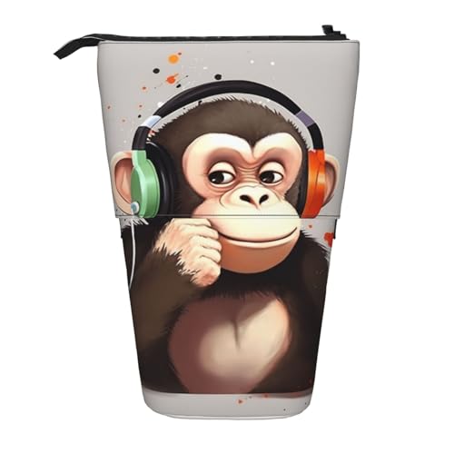 LHBWCVN Kosmetiktasche mit Musikaffe, Stehendes Federmäppchen, Teleskop-Bleistifttasche, tragbarer Stifthalter, niedliches Stand-up-Bleistiftetui für Damen und Herren, Reise-Münztasche, Geldbörse von LHBWCVN