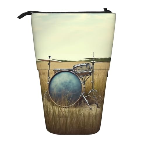 LHBWCVN Kosmetiktasche mit Musiktrommel im Feld, Stehendes Federmäppchen, Teleskop-Bleistifttasche, tragbarer Stifthalter, niedlicher Stand-up-Bleistiftbeutel für Damen und Herren, Reise-Münztasche von LHBWCVN