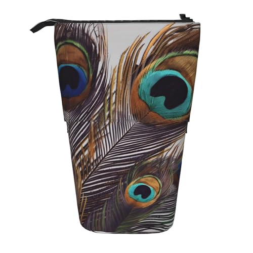 LHBWCVN Kosmetiktasche mit Pfauenfedern, Stehendes Federmäppchen, Teleskop-Bleistifttasche, tragbarer Stifthalter, niedlicher Stand-up-Bleistiftbeutel für Damen und Herren, Reise-Münztasche, Geldbörse von LHBWCVN