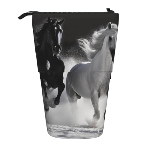 LHBWCVN Kosmetiktasche mit Pferden, stehend, Teleskop-Federtasche, tragbarer Stifthalter, niedlicher Stand-up-Bleistiftbeutel für Damen und Herren, Reise-Münztasche, Geldbörse, Schwarz und Weiß von LHBWCVN