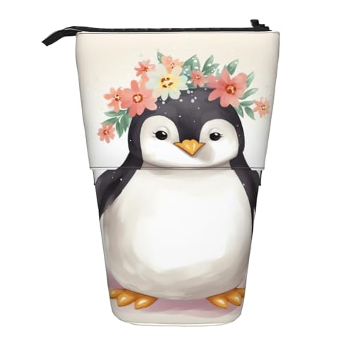 LHBWCVN Kosmetiktasche mit Pinguin mit Blumen, Stehendes Federmäppchen, Teleskop-Federtasche, tragbarer Stifthalter, niedliches Stand-up-Bleistiftetui für Damen und Herren, Reise-Münztasche, Geldbörse von LHBWCVN