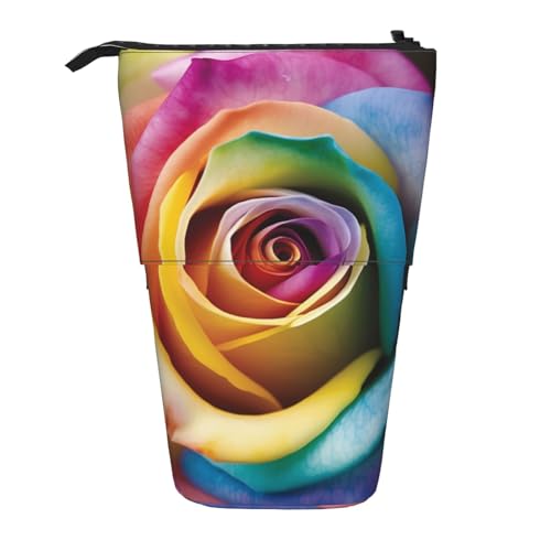 LHBWCVN Kosmetiktasche mit Regenbogen-Rosen-Blume, Stehendes Federmäppchen, Teleskop-Bleistifttasche, tragbarer Stifthalter, niedliches Stand-up-Bleistiftetui für Damen und Herren, Reise-Münztasche von LHBWCVN