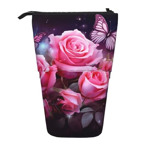 LHBWCVN Kosmetiktasche mit Rosen- und Schmetterlings-Motiv, Stehendes Federmäppchen, Teleskop-Bleistifttasche, tragbarer Stifthalter, niedliches Stand-up-Bleistiftetui für Damen und Herren von LHBWCVN