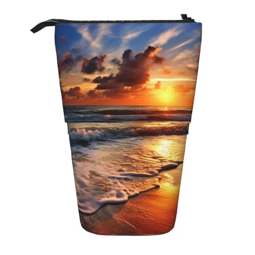 LHBWCVN Kosmetiktasche mit Sonnenaufgang am Strand, Stehendes Federmäppchen, Teleskop-Federtasche, tragbarer Stifthalter, niedliches Stand-up-Bleistiftetui für Damen und Herren, Reise-Münztasche von LHBWCVN
