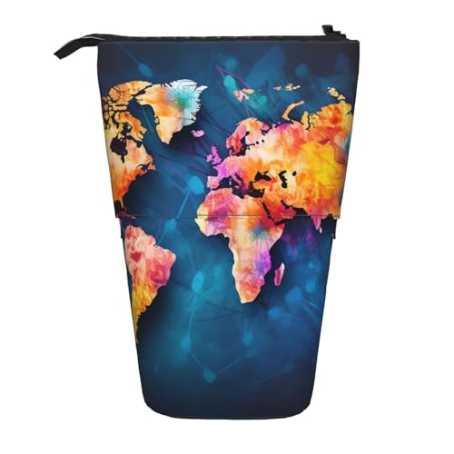 LHBWCVN Kosmetiktasche mit abstrakter Weltkarte, stehendes Federmäppchen, Teleskop-Federtasche, tragbarer Stifthalter, niedliches Stand-up-Bleistiftetui für Damen und Herren, Reise-Münztasche von LHBWCVN