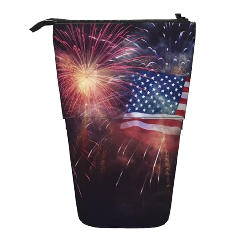 LHBWCVN Kosmetiktasche mit amerikanischer Flagge, Motiv: Feuerwerk, 4. Juli, Stehendes Federmäppchen, Teleskop-Federtasche, tragbarer Stifthalter, niedliches Stand-up-Bleistiftetui für Damen und von LHBWCVN