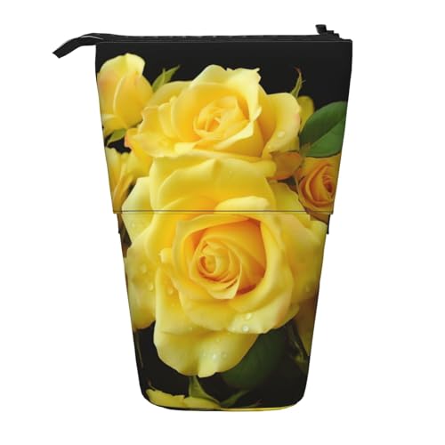 LHBWCVN Kosmetiktasche mit gelbem Rosenmotiv, Teleskop-Federtasche, tragbarer Stifthalter, niedliches Stand-up-Bleistiftetui für Damen und Herren, Reise-Münztasche, Geldbörse von LHBWCVN