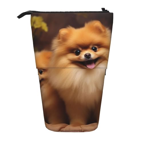LHBWCVN Kosmetiktasche mit gelbem Zwergspitz, stehend, Teleskop-Federmäppchen, tragbarer Stifthalter, niedliches Stand-up-Bleistiftetui für Damen und Herren, Reise-Münztasche, Geldbörse von LHBWCVN