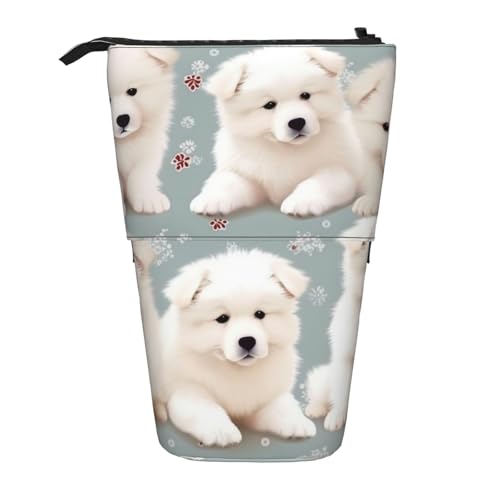 LHBWCVN Kosmetiktasche mit kleinem weißen Hundemuster, Stehendes Federmäppchen, Teleskop-Bleistifttasche, tragbarer Stifthalter, niedliches Stand-up-Bleistiftetui für Damen und Herren von LHBWCVN