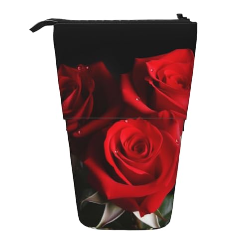 LHBWCVN Kosmetiktasche mit roten Rosen, Teleskop-Federmäppchen, tragbar, niedliches Steh-Federmäppchen für Damen und Herren, Reise-Münztasche von LHBWCVN