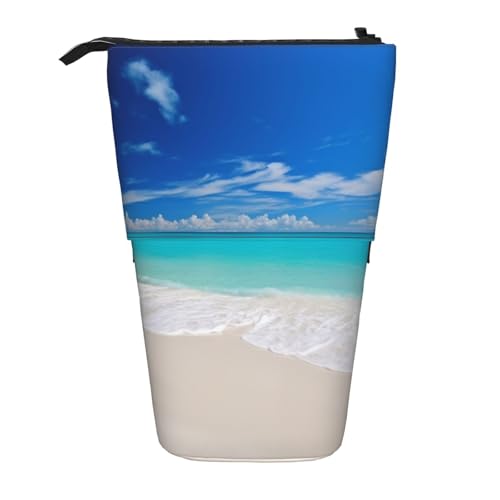 LHBWCVN Kosmetiktasche mit weißem Strand, tropisches Meer, stehendes Federmäppchen, Teleskop-Bleistifttasche, tragbarer Stifthalter, niedliches Stand-up-Bleistiftetui für Damen und Herren von LHBWCVN