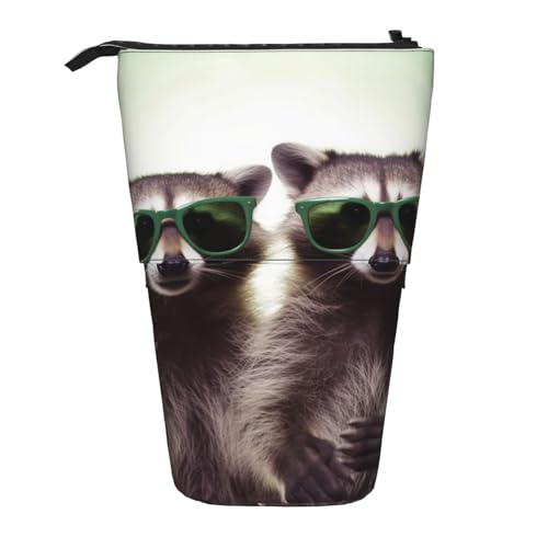 LHBWCVN Lustiger Waschbär grün Sonnenbrille Kosmetiktasche Stehendes Federmäppchen Teleskop-Bleistifttasche Tragbarer Stifthalter Niedlich Stand Up Pencil Pouch für Damen Herren Reise Münzbeutel von LHBWCVN