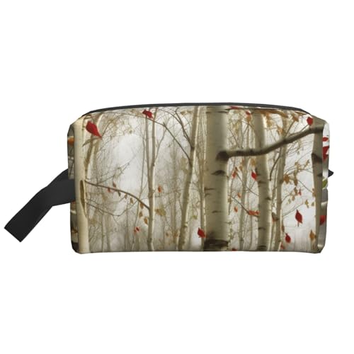 LHBWCVN Reise-Kulturbeutel für Damen und Herren, Leder, Make-up-Tasche, groß, tragbar, Reise-Organizer, Birkenbäume, Herbst-Kosmetiktasche mit Aufhängehaken, Reise-Badezimmertasche, Reißverschluss, von LHBWCVN