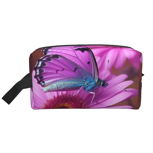 LHBWCVN Reise-Kulturbeutel für Damen und Herren, Leder, Make-up-Tasche, groß, tragbar, Reise-Organizer, Blume, lila, Schmetterling, Kosmetiktasche mit Aufhängehaken, Reise-Badezimmertasche, von LHBWCVN