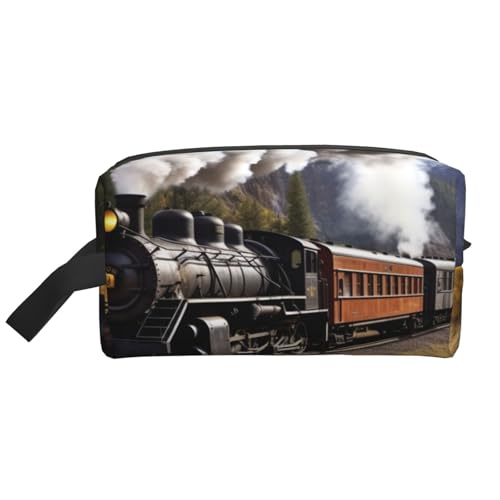 LHBWCVN Reise-Kulturbeutel für Damen und Herren, Leder, Make-up-Tasche, groß, tragbar, Reise-Organizer, Dampflokomotive, Zug, Kosmetiktasche mit Aufhängehaken, Reise-Badezimmertasche, Reißverschluss, von LHBWCVN