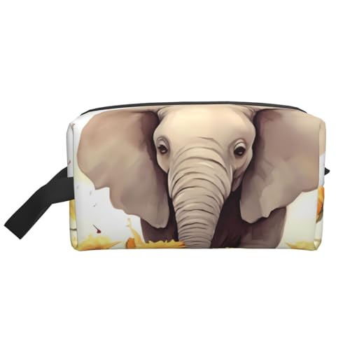 LHBWCVN Reise-Kulturbeutel für Damen und Herren, Leder, Make-up-Tasche, groß, tragbar, Reise-Organizer, Elefant und Sonnenblume, Kosmetiktasche mit Aufhängehaken, Reise-Badezimmertasche, von LHBWCVN