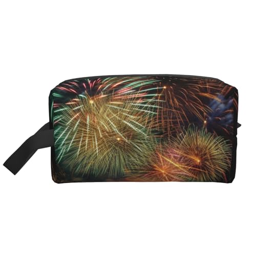 LHBWCVN Reise-Kulturbeutel für Damen und Herren, Leder, Make-up-Tasche, groß, tragbar, Reise-Organizer, Feuerwerk, Kosmetiktasche mit Aufhängehaken, Reise-Badezimmertasche, Reißverschluss, Weiß, von LHBWCVN