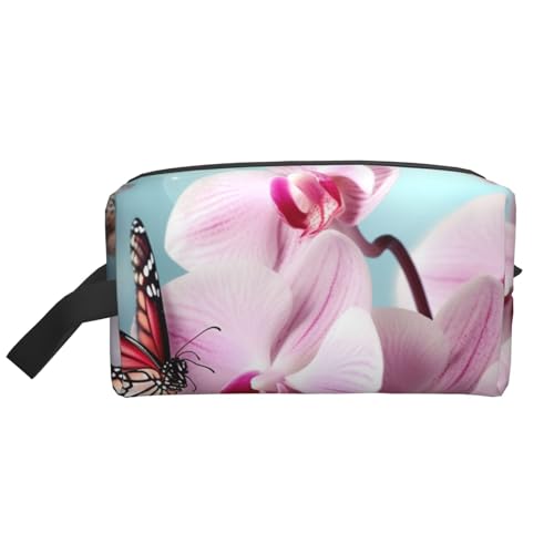LHBWCVN Reise-Kulturbeutel für Damen und Herren, Leder, Make-up-Tasche, groß, tragbar, Reise-Organizer, Frühlings-Orchidee, Schmetterling, Kosmetiktasche mit Aufhängehaken, Reise-Badezimmertasche, von LHBWCVN