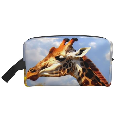 LHBWCVN Reise-Kulturbeutel für Damen und Herren, Leder, Make-up-Tasche, groß, tragbar, Reise-Organizer, Giraffe und Sonnenblume, Kosmetiktasche mit Aufhängehaken, Reise-Badezimmertasche, von LHBWCVN