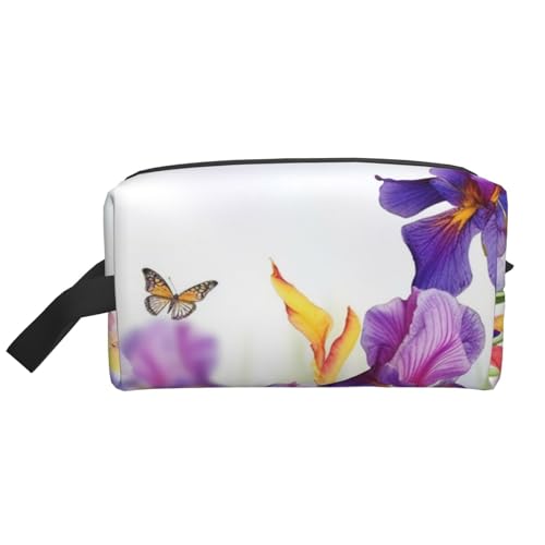 LHBWCVN Reise-Kulturbeutel für Damen und Herren, Leder, Make-up-Tasche, groß, tragbar, Reise-Organizer, Iris-Blume, Schmetterling, Kosmetiktasche mit Aufhängehaken, Reise-Badezimmertasche, von LHBWCVN