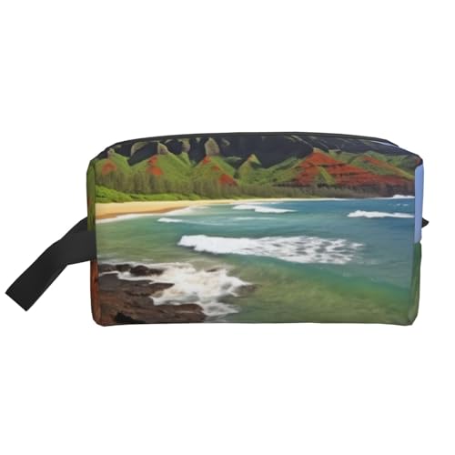 LHBWCVN Reise-Kulturbeutel für Damen und Herren, Leder, Make-up-Tasche, groß, tragbar, Reise-Organizer, Kauai, Hawaii, Meeresküste, Kosmetiktasche mit Aufhängehaken, Reise-Badezimmertasche, von LHBWCVN