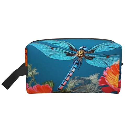 LHBWCVN Reise-Kulturbeutel für Damen und Herren, Leder, Make-up-Tasche, groß, tragbar, Reise-Organizer, Libelle und Blume, Kosmetiktasche mit Aufhängehaken, Reise-Badezimmertasche, Reißverschluss, von LHBWCVN
