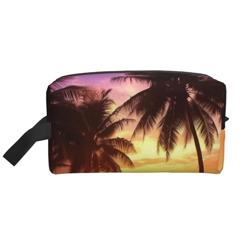 LHBWCVN Reise-Kulturbeutel für Damen und Herren, Leder, Make-up-Tasche, groß, tragbar, Reise-Organizer, Palmen bei Sonnenuntergang, Kosmetiktasche mit Aufhängehaken, Reise-Badezimmertasche, von LHBWCVN