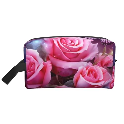 LHBWCVN Reise-Kulturbeutel für Damen und Herren, Leder, Make-up-Tasche, groß, tragbar, Reise-Organizer, Rose und Schmetterlinge, Kosmetiktasche mit Aufhängehaken, Reise-Badezimmertasche, von LHBWCVN