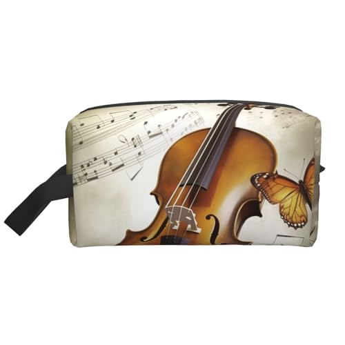 LHBWCVN Reise-Kulturbeutel für Damen und Herren, Leder, Make-up-Tasche, groß, tragbar, Reise-Organizer, Schmetterling und Cello, Kosmetiktasche mit Aufhängehaken, Reise-Badezimmertasche, von LHBWCVN