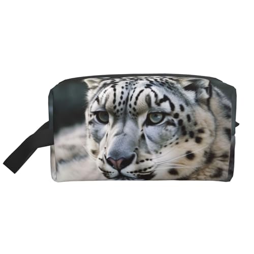 LHBWCVN Reise-Kulturbeutel für Damen und Herren, Leder, Make-up-Tasche, groß, tragbar, Reise-Organizer, Schneeleopard-Kosmetiktasche mit Aufhängehaken, Reise-Badezimmertasche, Reißverschluss, Weiß, von LHBWCVN