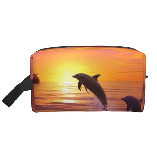 LHBWCVN Reise-Kulturbeutel für Damen und Herren, Leder, Make-up-Tasche, groß, tragbar, Reise-Organizer, Sonnenuntergang, Delfine, Kosmetiktasche mit Aufhängehaken, Reise-Badezimmertasche, LHBWCVN Reise-Kulturbeutel für Damen und Herren, Leder, Make-up-Tasche, groß, tragbar, Reise-Organizer, Sonnenuntergang, Delfine, Kosmetiktasche mit Aufhängehaken, Reise-Badezimmertasche, von LHBWCVN
