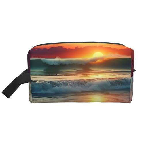 LHBWCVN Reise-Kulturbeutel für Damen und Herren, Leder, Make-up-Tasche, groß, tragbar, Reise-Organizer, Sonnenuntergang, Meer, Kosmetiktasche mit Aufhängehaken, Reise-Badezimmertasche, Reißverschluss, von LHBWCVN