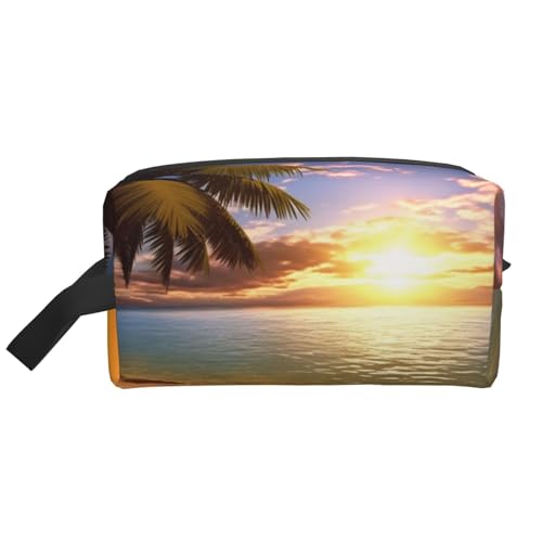 LHBWCVN Reise-Kulturbeutel für Damen und Herren, Leder, Make-up-Tasche, groß, tragbar, Reise-Organizer, Sonnenuntergang, Palme, Kosmetiktasche mit Aufhängehaken, Reise-Badezimmertasche, von LHBWCVN