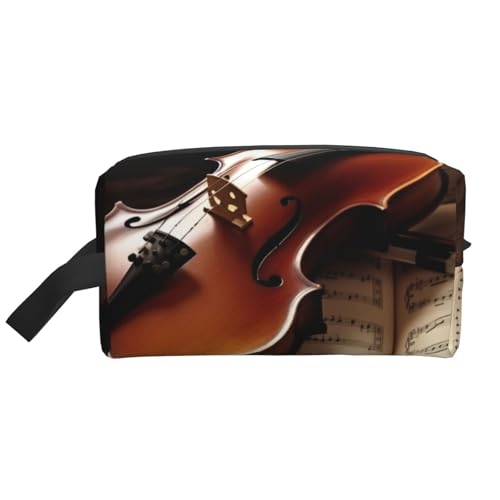 LHBWCVN Reise-Kulturbeutel für Damen und Herren, Leder, Make-up-Tasche, groß, tragbar, Reise-Organizer, Violine und Buch, Kosmetiktasche mit Aufhängehaken, Reise-Badezimmertasche, Reißverschluss, von LHBWCVN