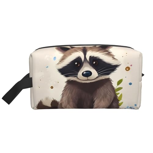 LHBWCVN Reise-Kulturbeutel für Damen und Herren, Leder, Make-up-Tasche, groß, tragbar, Reise-Organizer, Waschbär-Kosmetiktasche mit Aufhängehaken, Reise-Badezimmertasche, Reißverschluss, Weiß, von LHBWCVN