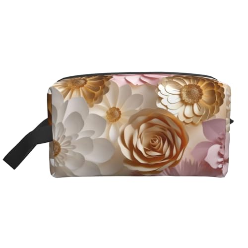 LHBWCVN Reise-Kulturbeutel für Damen und Herren, Leder, Make-up-Tasche, groß, tragbar, Reise-Organizer, Weißgold, Blumen, Kosmetiktasche mit Aufhängehaken, Reise-Badezimmertasche, Reißverschluss, von LHBWCVN